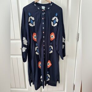 Chico's Dark Blue Orange Embroidered Long Sleeve Long Duster Cardigan XL